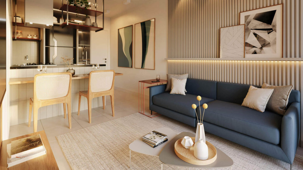 Apartamento de 1 quarto: vantagens, praticidade e qualidade de vida Living do BeOn Porto Residencial, empreendimento da Riva no Rio de Janeiro.