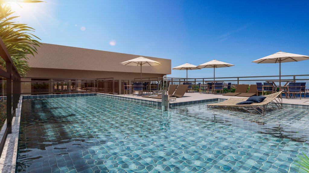 Apartamento de 1 quarto: vantagens, praticidade e qualidade de vida Piscina do empreendimento Ápice Home Riva em Minas Gerais.